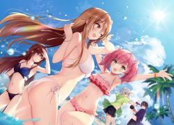 Rule 34 | 2boys, 3girls, arms up, ass, beach, bikini, black hair, blurry, blurry background, breasts, brown hair, cloud, cocoa music, commentary request, doumyouji cocoa, doumyouji haruto, game club project, green eyes, kazami ryou, large breasts, long hair, medium breasts, multiple boys, multiple girls, navel, necomi, official art, one eye closed, open mouth, palm tree, pink hair, sakuragi miria, short hair, sky, small breasts, swimsuit, tree, twintails, virtual youtuber, water drop, yumesaki kaede (game club project)