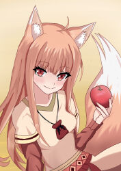 Rule 34 | 1girl, absurdres, ahoge, animal ears, apple, blush, breasts, brown hair, food, fruit, highres, holding, holding food, holding fruit, holo, long hair, long sleeves, looking at viewer, pouch, red eyes, shirt, simple background, small breasts, smile, solo, spice and wolf, tail, uma (uma mohumohu), wolf ears, wolf girl, wolf tail