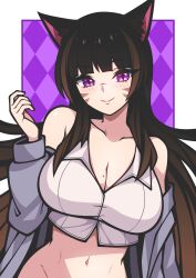 Rule 34 | 1girl, absurdres, animal ears, bacon strips, black hair, blush, breasts, brown hair, cleavage, closed mouth, commission, facial mark, final fantasy, final fantasy xiv, freckles, highres, large breasts, long hair, looking at viewer, miqo&#039;te, mole, mole on breast, multicolored hair, navel, smile, solo, upper body, warrior of light (ff14)