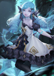 Rule 34 | 1girl, absurdres, bare shoulders, black bow, black dress, black pantyhose, black sleeves, blue hair, blurry, blurry background, bow, collarbone, detached sleeves, dress, drill hair, flat chest, green eyes, grey dress, gwen (league of legends), hair bow, hair ornament, highres, holding, holding scissors, hong yu, league of legends, long hair, looking at viewer, pantyhose, scissors, smile, solo, star (symbol), strapless, strapless dress, twin drills, x hair ornament
