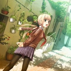 Rule 34 | bad id, bad pixiv id, blonde hair, brown eyes, face, goe, pantyhose, plaid, plaid skirt, plant, potted plant, ribbon, skirt, solo, sweater