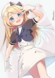 Rule 34 | 1girl, blonde hair, blue eyes, blue neckerchief, blue sailor collar, dress, dutch angle, feet out of frame, gloves, hat, highres, jervis (kancolle), kantai collection, long hair, looking at viewer, metadio, neckerchief, one-hour drawing challenge, sailor collar, sailor dress, sailor hat, smile, solo, white dress, white gloves, white hat
