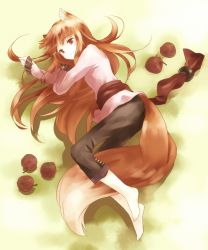 Rule 34 | 1girl, animal ears, apple, bad id, bad pixiv id, barefoot, brown hair, feet, female focus, food, fruit, full body, gradient background, highres, holo, kaiso2011, long hair, lying, plant, red eyes, smile, solo, spice and wolf, tail, wolf ears, wolf tail