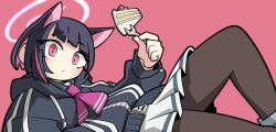 Rule 34 | animal ears, armedrabbit, black hair, blue archive, cake, cake slice, cat ears, cat girl, choker, food, fork, halo, highres, hood, hoodie, kazusa (blue archive), looking at viewer, multicolored hair, pantyhose, pink eyes, pleated skirt, reclining, sailor collar, shoes, simple background, skirt, sneakers, strawberry shortcake, two-tone hair