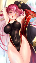 Rule 34 | 1girl, black gloves, black one-piece swimsuit, breasts, coat, commentary request, competition swimsuit, covered navel, cowboy shot, gloves, gluteal fold, hair bun, highleg, highleg swimsuit, highres, hololive, houshou marine, long hair, looking at viewer, medium breasts, mizuno kurage, multicolored clothes, multicolored swimsuit, one-piece swimsuit, red coat, red hair, solo, swimsuit, thigh gap, virtual youtuber, yellow eyes