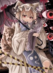 Rule 34 | 1girl, absurdres, blonde hair, bow, caution tape, cigarette, commentary, dress, fox tail, gap (touhou), highres, holding, holding cigarette, holding umbrella, long sleeves, looking at viewer, multiple tails, open mouth, ougiikun, red bow, red eyes, short hair, solo, symbol-only commentary, tabard, tail, touhou, umbrella, white dress, white headwear, wide sleeves, yakumo ran