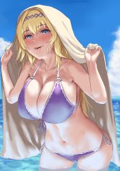 Rule 34 | 1girl, bare shoulders, bikini, blonde hair, blue eyes, blue sky, blush, breasts, cloud, collarbone, commentary request, day, front-tie bikini top, front-tie top, granblue fantasy, hairband, jeanne d&#039;arc (granblue fantasy), large breasts, leaning forward, lips, navel, ocean, open mouth, side-tie bikini bottom, sky, solo, stomach, swimsuit, thighs, tomiokasena, tower, wading