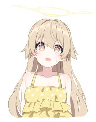 Rule 34 | 1girl, blue archive, blush, breasts, collarbone, dress, foulo paints, halo, hifumi (blue archive), highres, light brown hair, long hair, open mouth, simple background, sleeveless, sleeveless dress, small breasts, solo, upper body, white background, yellow dress, yellow eyes, yellow halo