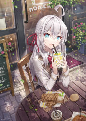 Rule 34 | 1girl, ahoge, black dress, blue eyes, bow, chair, character request, collared shirt, commentary request, cup, day, door, dress, drink, drinking straw, food, fruit, gabiran, grey hair, grey jacket, hair between eyes, hair ribbon, highres, holding, holding cup, jacket, lemon, lemon slice, looking at viewer, menu board, on chair, open clothes, open jacket, open mouth, outdoors, red bow, red ribbon, ribbon, shirt, solo, table, tokidoki bosotto roshia-go de dereru tonari no arya-san, white shirt