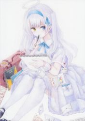 Rule 34 | bag, colored pencil (medium), darkkanan, drawing, dress, graphite (medium), hairband, halo, hearing aid, heterochromia, highres, long hair, mail, name tag, original, shoes, simple background, sitting, suitcase, thighhighs, traditional media, white background, white dress, white hair, white thighhighs