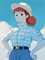 Rule 34 | 1girl, belt, blue eyes, breasts, brown hair, closed mouth, cloud, earrings, fio piccolo, hands on own hips, hat, highres, jewelry, kurenai no buta, looking at viewer, miromari, plaid, ponytail, red hair, shirt, smile, solo