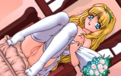 Rule 34 | 1girl, adachi rika, blonde hair, bouquet, breasts, censored, flower, game cg, joy ride, libido 7, nipples, pussy juice, solo, thighhighs