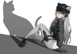 Rule 34 | 1girl, animal ear headwear, animal ears, arknights, black footwear, black gloves, black hat, black jacket, breasts, cabbie hat, closed mouth, commentary, different shadow, earpiece, expressionless, fake animal ears, from side, full body, gloves, grey hair, hair between eyes, hat, headset, highres, holster, jacket, kurosara, long hair, looking at viewer, looking back, medium breasts, official alternate costume, pants, schwarz (arknights), schwarz (skyline) (arknights), shadow, shoes, simple background, sitting, solo, tactical clothes, thigh holster, thigh strap, tight clothes, tight pants, white background, white pants, yellow eyes