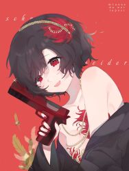 Rule 34 | 1girl, :d, artist name, bare shoulders, black coat, black hair, character name, coat, dress, feather dress, feather hair ornament, feathers, gun, hair ornament, hairband, hand up, handgun, highres, holding, holding gun, holding weapon, jewelry, long sleeves, miiu (m1unaa), necklace, off shoulder, open mouth, red background, red dress, red eyes, red nails, reverse:1999, schneider (reverse:1999), short hair, smile, solo, strapless, strapless dress, upper body, weapon