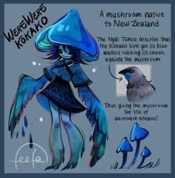 Rule 34 | 1girl, bird, bird wings, black skirt, blue headwear, blush, character name, commentary, educational, english commentary, english text, feathers, feefal, gradient skin, highres, mushroom, mushroom girl, mushroom hat, original, personification, short hair, signature, simple background, skirt, spiked hair, wings