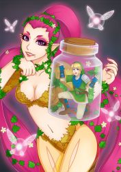 Rule 34 | 1boy, 1girl, bag, blonde hair, blue eyes, boots, bottle, breasts, cleavage, eyeliner, eyeshadow, fairy, fingerless gloves, giant, giantess, gloves, great fairy (zelda), hair ornament, hat, highres, hyrule warriors, image sample, in bottle, in container, jar, leaf, leaf hair ornament, link, lipstick, lolitaii, makeup, medium breasts, midriff, mole, mole under mouth, nail polish, neckerchief, nintendo, pink hair, pointy ears, purple eyes, role reversal, see-through, size difference, slit pupils, the legend of zelda, tunic