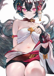 Rule 34 | 1girl, absurdres, animal ears, bare shoulders, betabeet, black shorts, blush, breasts, closed mouth, collar, collarbone, commentary, english commentary, erune, fox tail, granblue fantasy, hair between eyes, hair ornament, highres, large tail, looking at viewer, multiple tails, navel, off shoulder, red eyes, short hair, short shorts, shorts, simple background, small breasts, solo, tail, white background, you (granblue fantasy)