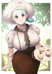 Rule 34 | 1girl, ascot, border, brown ascot, brown eyes, brown skirt, closed mouth, commentary request, creatures (company), cupcake, drill hair, eyelashes, food, game freak, gloves, green hair, hat, highres, holding, holding plate, katy (pokemon), looking at viewer, manami huto, mole, mole on cheek, mole under eye, nintendo, plate, pokemon, pokemon sv, puffy sleeves, shirt, short sleeves, skirt, smile, white border, white hat
