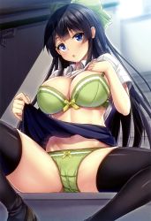 Rule 34 | 1girl, :o, absurdres, black hair, black skirt, black thighhighs, blue eyes, blurry, blurry background, blush, bow, bow bra, bow panties, bra, breasts, cleavage, clothes lift, collared shirt, ebi 193, feet out of frame, green bow, green bra, green panties, hair bow, highres, indoors, large breasts, lifted by self, long hair, melonbooks, navel, open mouth, panties, scan, shirt, shirt lift, short sleeves, sitting, skirt, skirt lift, solo, spread legs, stairs, straight hair, thighhighs, thighs, underwear, very long hair, white shirt, wing collar, yellow bow