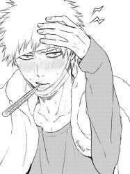 Rule 34 | 1boy, blanket, bleach, blush, close-up, collarbone, halftone, hand on own head, highres, kurosaki ichigo, long sleeves, looking at viewer, male focus, mask, monochrome, mouth mask, sick, signature, solo, spiked hair, sweat, ten0u0, thermometer, towel, towel on head, white background