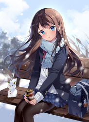 Rule 34 | 1girl, bag, bench, black pantyhose, blazer, blue eyes, blue scarf, blush, bow, bowtie, brown hair, can, canned coffee, charm (object), coffee, dot nose, drink can, floating hair, head tilt, highres, jacket, long hair, long sleeves, looking at viewer, mayo (miyusa), original, pantyhose, pleated skirt, red bow, red bowtie, scarf, school bag, school uniform, sitting, skirt, snow, snowing, snowman, solo, sweater, uniform
