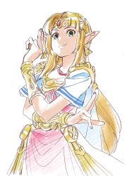 Rule 34 | artist request, blonde hair, blue eyes, bracer, circlet, dress, earrings, forehead jewel, gown, highres, jewelry, long hair, looking at viewer, nintendo, pointy ears, princess zelda, solo, super smash bros., the legend of zelda, the legend of zelda: a link between worlds, tiara, triforce, tunic