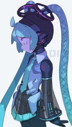 Rule 34 | absurdres, ahoge, android, aqua eyes, aqua hair, aqua necktie, arms at sides, bright pupils, cable, cheri zao, commentary, cowboy shot, detached sleeves, expressionless, from side, hatsune miku, hatsune miku (vocaloid3), highres, joints, long hair, looking ahead, mechanical parts, miniskirt, necktie, number tattoo, pleated skirt, robot girl, robot joints, see-through, see-through skirt, see-through sleeves, simple background, skirt, tattoo, twintails, very long hair, vocaloid, white background, white pupils, wide sleeves