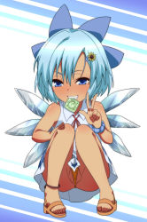 Rule 34 | 1girl, anus, anus peek, ass, bare arms, bare shoulders, blue eyes, blue hair, blush, cirno, collared dress, condom, condom in mouth, dress, flower, grin, hair flower, hair ornament, hairclip, hidden star in four seasons, ice, ice wings, jeno, looking at viewer, mouth hold, partially visible vulva, sandals, short dress, short hair, smile, solo, sundress, sunflower, sunflower hair ornament, tanned cirno, teeth hold, toes, touhou, upskirt, v, w, wings, wristband