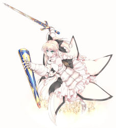 Rule 34 | 1girl, ahoge, armor, armored dress, artoria pendragon (fate), avalon (fate/stay night), bare shoulders, blonde hair, bow, caliburn (fate), capcom, detached sleeves, dress, fate/stay night, fate/unlimited codes, fate (series), female focus, gauntlets, green eyes, hair bow, hair ribbon, ponytail, ribbon, saber (fate), saber lily, solo, sword, weapon, white background, yui (imprinting)