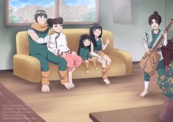 Rule 34 | 2boys, 3girls, barefoot, black hair, brown hair, couch, double bun, family, feet, highres, if they mated, multiple boys, multiple girls, naruto, naruto (series), rock lee, short hair, susukaspirit, tenten (naruto)