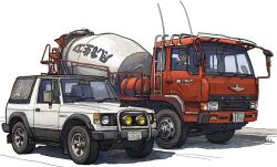 Rule 34 | 1boy, commentary request, concrete mixer truck, headlight, license plate, mitsubishi, mitsubishi pajero, motor vehicle, on vehicle, original, sports utility vehicle, translation request, truck, yaruz