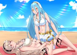Rule 34 | 2girls, absurdres, alternate costume, anklet, artist name, azura (fire emblem), bare shoulders, beach, bikini, bikini skirt, black hairband, blue hair, blue sky, blush, breasts, cleavage, closed mouth, cloud, collarbone, commentary, corrin (female) (fire emblem), corrin (fire emblem), cousins, day, english commentary, fingernails, fire emblem, fire emblem fates, fire emblem heroes, flower, flower necklace, grey hair, hair between eyes, hair flower, hair ornament, hairband, highres, incest, jewelry, kaos art, large breasts, lips, long hair, looking at another, lying, medium breasts, multiple girls, navel, necklace, nintendo, ocean, official alternate costume, outdoors, pink lips, pointy ears, red eyes, sand, sitting, sitting on person, sky, smile, sunlight, swimsuit, veil, water, white bikini, white flower, yellow eyes, yuri