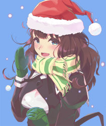 Rule 34 | 1girl, :d, absurdres, assault lily, blue background, blue eyes, blush, brown hair, green mittens, hat, highres, kaede johan nouvel, long hair, long sleeves, looking at viewer, mittens, open mouth, santa hat, scarf, smile, solo, tarou (user tpmh7442), upper body, yellow scarf