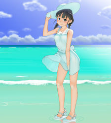 Rule 34 | 1girl, adjusting clothes, adjusting headwear, beach, black eyes, black hair, blue sky, blurry, blurry background, braid, closed mouth, cloud, cloudy sky, commentary request, covered navel, day, dress, dress tug, hat, horizon, looking at viewer, low twintails, maburu (lojyq1eur3e8bit), medium hair, ocean, original, outdoors, sandals, see-through, short dress, sky, sleeveless, sleeveless dress, smile, solo, standing, sun hat, sundress, twin braids, twintails, waves, white dress, white footwear, white hat, wind, wind lift