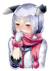 Rule 34 | 10s, 1girl, blunt bangs, blush, covering own mouth, gloves, headgear, kantai collection, long hair, murakumo (kancolle), nathaniel pennel, scarf, school uniform, serafuku, simple background, solo, white background, white gloves