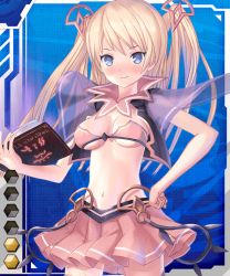 Rule 34 | 00s, 1girl, bandeau, bikini, bikini top only, blonde hair, blue background, blue eyes, blush, book, breasts, breasts apart, card (blue-r), card (medium), card (r), checkered background, clenched hand, cowboy shot, emalia ridinia, hair ornament, hand on own hip, high collar, holding, homura yuni, light smile, lilith-soft, long hair, miniskirt, navel, official art, open clothes, open mouth, pink skirt, pleated skirt, runes, see-through, skirt, smile, solo, standing, swimsuit, taimanin (series), taimanin asagi, taimanin asagi battle arena all card gallery, taimanin asagi kessen arena, thighhighs, two side up, underboob, zettai ryouiki