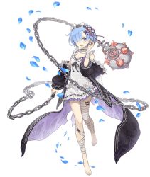 Rule 34 | 1girl, :d, bandages, bare shoulders, barefoot, blue eyes, blue hair, chain, crossover, dress, flail, full body, hair over one eye, hairband, ji no, looking at viewer, off shoulder, official art, open mouth, petals, re:zero kara hajimeru isekai seikatsu, rem (re:zero), sinoalice, smile, solo, teeth, transparent background, upper teeth only, weapon, white dress