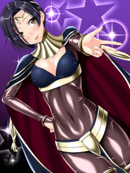 Rule 34 | 1girl, :p, bad id, bad pixiv id, black hair, blush, bodysuit, bracelet, breasts, bridal gauntlets, cape, circlet, cleavage, cleavage cutout, clothing cutout, cosplay, covered erect nipples, covered navel, dark mage (fire emblem awakening), dutch angle, fire emblem, fire emblem awakening, hand on own hip, highres, jewelry, kobayakawa rinko, love plus, nintendo, outstretched hand, red eyes, sen (sansui), short hair, skin tight, solo, star (symbol), tharja (cosplay), tharja (fire emblem), tongue, tongue out