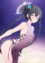 1girl backless_dress backless_outfit bare_shoulders black_hair black_panties blue_archive blush braid braided_bun breasts butterfly_hair_ornament china_dress chinese_clothes chiyami double_bun dress gradient_background grey_eyes hair_bun hair_ornament halo highres kisaki_(blue_archive) long_hair looking_at_viewer panties purple_dress small_breasts solo thighs twintails underwear