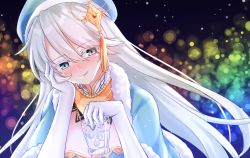 Rule 34 | 1girl, black background, blue dress, blue eyes, blue hat, blush, cup, dress, elbow gloves, food fantasy, fur trim, gloves, hat, holding, holding cup, ice, ice cube, kitsuneco, long hair, looking at viewer, simple background, smile, solo, upper body, very long hair, vodka (food fantasy), white gloves, white hair