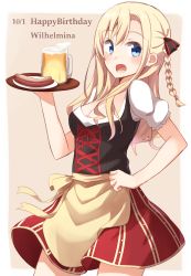 Rule 34 | 1girl, :d, absurdres, alcohol, apron, bad id, bad pixiv id, beer, beer mug, blonde hair, blue eyes, blush, braid, breasts, character name, cleavage, contrapposto, cowboy shot, cross-laced clothes, cup, dated, dress, english text, food, hair ribbon, happy birthday, high school fleet, highres, holding, holding tray, kapatarou, long hair, looking at viewer, medium breasts, mug, open mouth, ribbon, sausage, short sleeves, smile, solo, standing, traditional clothes, tray, two-tone background, wilhelmina braunschweig ingenohl friedeburg