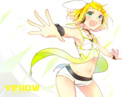 Rule 34 | 1girl, :d, arched back, armpits, bare shoulders, blonde hair, blush, bow, breasts, fang, flat chest, green eyes, hair bow, hair ornament, hairclip, headphones, headset, kagamine rin, kawahara chisato, midriff, navel, open mouth, outstretched arms, sailor collar, shirt, short hair, shorts, sideboob, sleeveless, sleeveless shirt, smile, solo, song name, spread arms, vocaloid, zipper