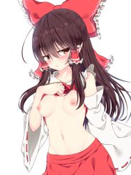 Rule 34 | 1girl, bare shoulders, black hair, blush, bow, breasts, commentary request, cowboy shot, detached sleeves, frilled bow, frills, groin, hair between eyes, hair bow, hair tubes, hakurei reimu, hand on own chest, highres, jitome, lifted by self, long hair, long sleeves, looking at viewer, medium breasts, navel, nipples, rankasei, red bow, red eyes, red skirt, ribbon-trimmed sleeves, ribbon trim, sidelocks, simple background, skirt, skirt set, solo, spoken blush, standing, stomach, touhou, white background, wide sleeves
