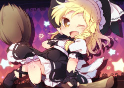 Rule 34 | 1girl, ;d, black gloves, blonde hair, blush, boots, broom, broom riding, dress, fang, gloves, hat, kirisame marisa, leg wrap, looking at viewer, matatabi (nigatsu), one eye closed, open mouth, smile, solo, star (symbol), touhou, witch hat, yellow eyes