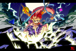 Rule 34 | 1girl, blonde hair, blouse, blue dress, bow, chain, dress, electricity, female focus, fighting stance, full body, full moon, geokinesis, hair bow, horns, ibuki suika, letterboxed, long hair, looking at viewer, maxgonta, moon, oni, orange eyes, orange hair, punching, red bow, rock, shirt, smile, smoke, solo, standing, torn clothes, torn sleeves, touhou, very long hair, white shirt