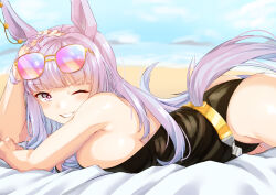 Rule 34 | 1girl, animal ears, bare shoulders, black one-piece swimsuit, blue sky, blush, breasts, cleavage, commentary request, cowboy shot, eyewear on head, gold ship (run revolt launcher) (umamusume), gold ship (umamusume), hands on own hips, heart, highres, horse ears, horse girl, horse tail, large breasts, long hair, looking at viewer, lying, official alternate costume, official alternate hairstyle, on stomach, one-piece swimsuit, one eye closed, outdoors, purple eyes, sky, smile, solo, sunglasses, swimsuit, tail, tomoru (tomanvil 3), umamusume