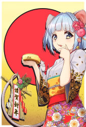Rule 34 | bell, bell ornament, blue eyes, blue hair, blunt bangs, bob cut, cheese, cheese wheel, chinese zodiac, eyelashes, floral print, food, hair bell, hair intakes, hair ornament, highres, japanese clothes, kanzaki ranko, kimono, licking lips, looking at viewer, mari0ball, mouse (animal), mouse girl, mouse tail, new year, obi, original, red sun, sash, shide, solo, straw (stalk), tail, tongue, tongue out, year of the rat, yellow background, yellow eyes