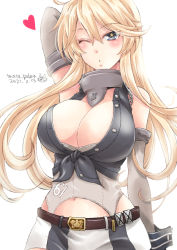 Rule 34 | 1girl, arm behind head, belt, blonde hair, blue eyes, breasts, brown belt, cleavage, dated, elbow gloves, front-tie top, gloves, heart, iowa (kancolle), kantai collection, large breasts, matsuura@parao, miniskirt, navel, one-hour drawing challenge, one eye closed, signature, skirt, solo, star-shaped pupils, star (symbol), striped clothes, striped skirt, symbol-shaped pupils, vertical-striped clothes, vertical-striped skirt, white background, wrist cuffs