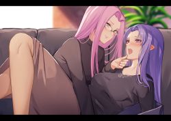 Rule 34 | 2girls, absurdres, blue eyes, blue hair, blush, breasts, couch, eye contact, fate/stay night, fate (series), glasses, grabbing another&#039;s chin, hand on another&#039;s chin, highres, imminent kiss, letterboxed, lips, long hair, looking at another, medea (fate), medium breasts, medusa (fate), medusa (rider) (fate), multiple girls, open mouth, pantyhose, pink eyes, pink hair, pnatsu, pointy ears, seductive smile, see-through, see-through legwear, skirt, smile, sweat, sweater, window, yuri
