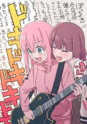 Rule 34 | 2girls, behind another, black nails, blunt bangs, blush, bocchi the rock!, closed eyes, closed mouth, cube hair ornament, dress, electric guitar, embarrassed, gibson les paul, gotoh hitori, green dress, guitar, hair between eyes, hair ornament, hand on another&#039;s arm, head on another&#039;s shoulder, highres, hiroi kikuri, holding, holding carton, holding instrument, holding plectrum, instrument, jacket, long hair, long sleeves, lowlifescore, multiple girls, nail polish, one side up, open mouth, pants, pink hair, pink jacket, pink pants, plectrum, purple hair, sharp teeth, smile, sweatdrop, teeth, track jacket, translation request, yuri